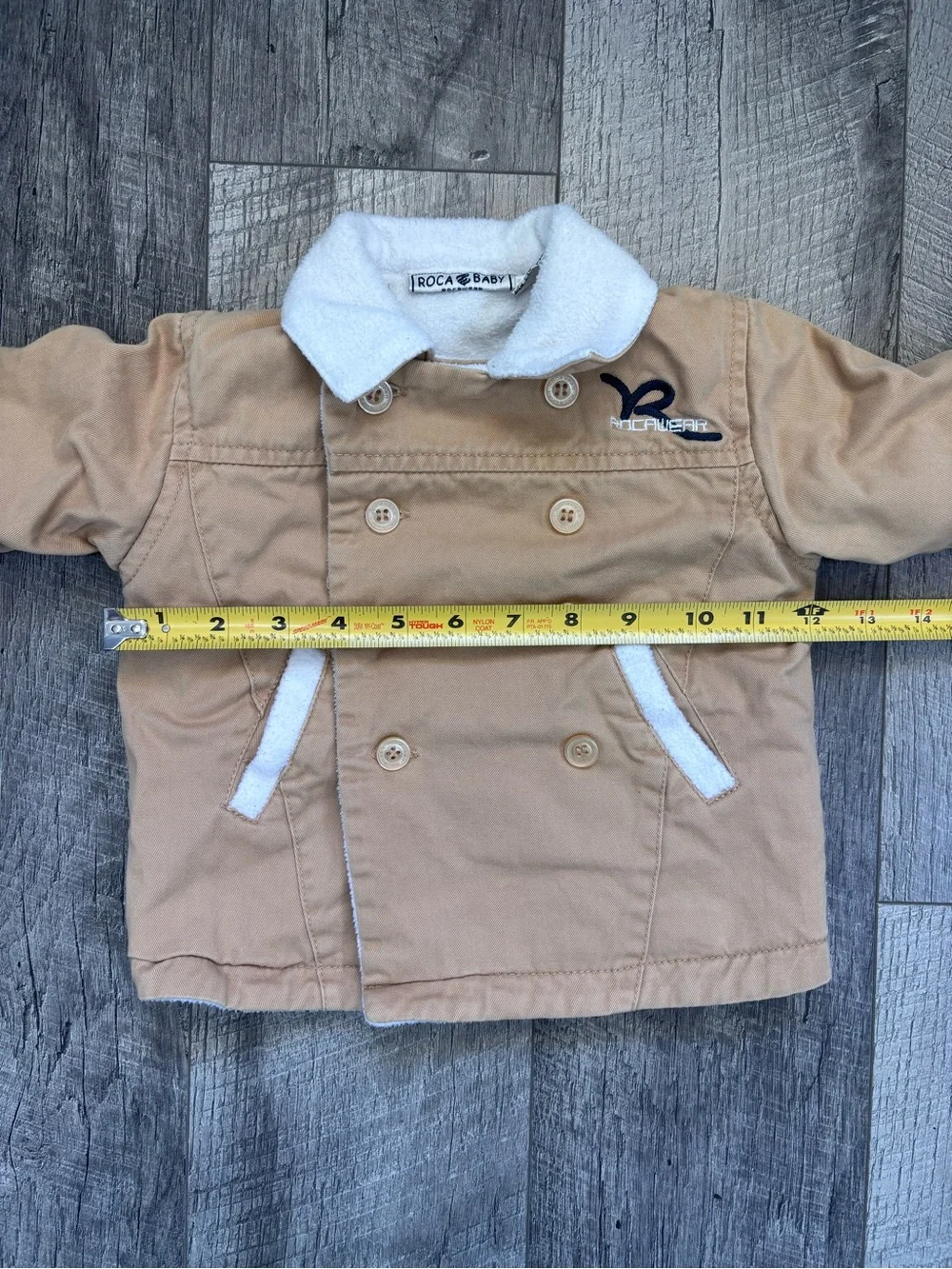 VTG Rocawear Roca Baby Jacket Coat Tan Sherpa Fleece Lined Double Breasted 0-6M
